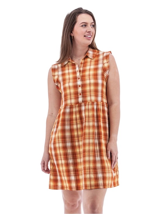 Aventura Dresses & Skirts - Organic Cotton Summer Dress Medium Aventura Montrose Plaid Yellow Orange Button